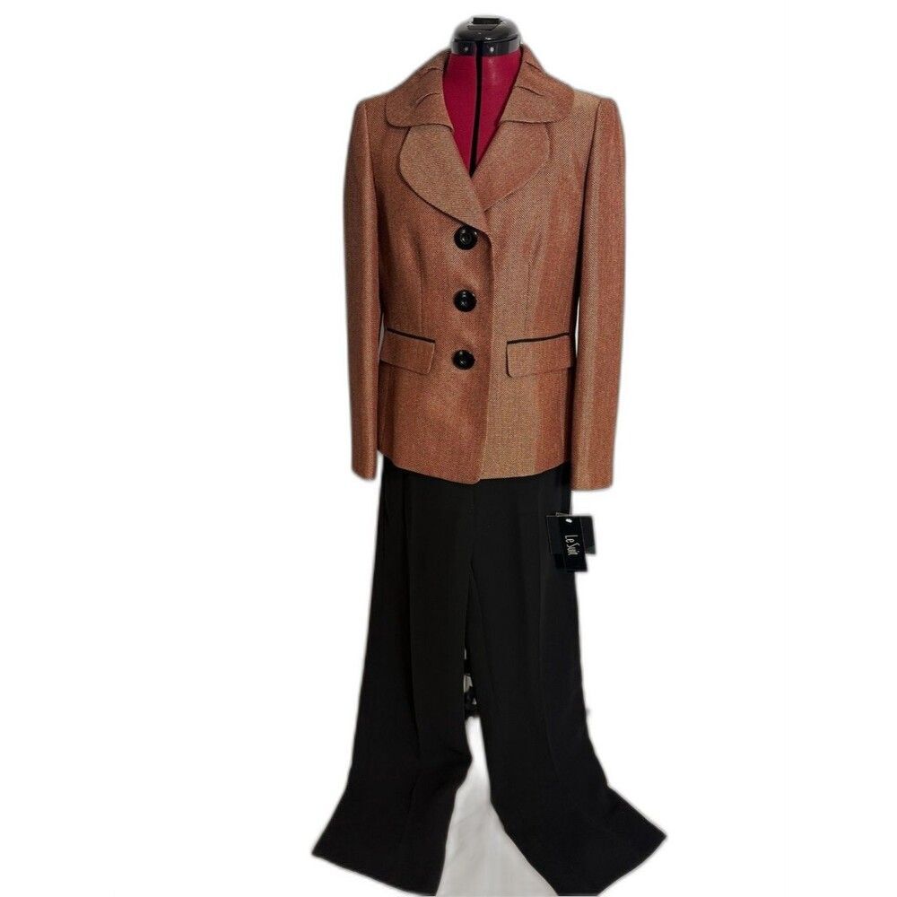 NWT Le Suit Pantsuit Size 6 Copper-Brown & Black 2-Piece Set Blazer & Pants